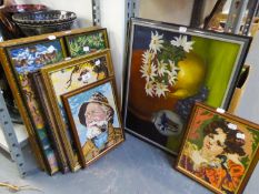 EIGHT NEEDLEWORK TAPESTY PICTURES, FRAMED AND A MODERN OIL PAINTING, FRUIT AND FLOWERS (9)