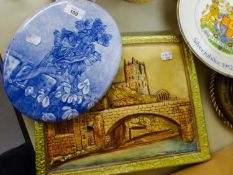 AN OVAL PORCELAIN PLAQUE OF A GIRL HOLDING FLOWERS, A CIRCULAR BAROMETER, A SMALL PLASTER PLAQUE AND