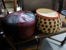 A 1960's70's CIRCULAR VINYL POUFFE AND A SMALL CIRCULAR WICKER LINEN BASKET (2)