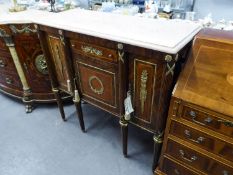 PAIR OF LOUIS XVI STYLE MAHOGANY COMMODES EACH WITH INLAID AND VENEERED FRONT SIDES, GILT METAL