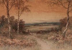 PAUL BERTRAM (1833-1901) WATERCOLOUR DRAWING Figure on a country path beside a stile, with town in