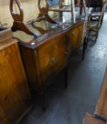 A REPRODUCTION MAHOGANY INLAID SERPENTINE SIDEBOARD WITH GLASS TOP