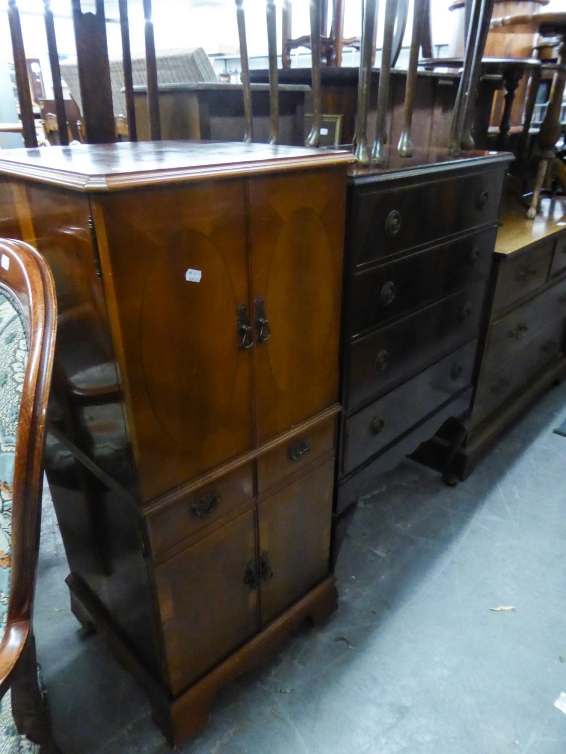 A TRIPLE DOOR FLAME MAHOGANY WARDROBE, ALSO A SMALL MODERN YEWTREE CABINET, A NEST OF THREE GLASS - Image 2 of 2