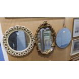 GILT FRAMED SHAPED MIRROR (A.F.), ANOTHER IN CREAM PLASTER FRAME AND A CIRCULAR FRAMELESS WALL