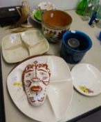 CARLTON WARE FIVE DIVISION HORS D'OEUVRES DISH, WHITE GLAZED TERRACOTTA WALL MASK, MASONS '