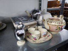 'EVERHOT' POTTERY TEAPOT AND TWO MATCHING EGG CUPS, TWO POTTERY TEAPOTS, A SET OF FOUR POTTERY EGG