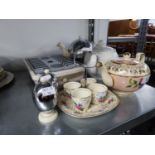 'EVERHOT' POTTERY TEAPOT AND TWO MATCHING EGG CUPS, TWO POTTERY TEAPOTS, A SET OF FOUR POTTERY EGG