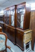 GEORGE III STYLE MAHOGANY BREAKFRONT LIBRARY BOOKCASE, IN TWO PARTS, THE SUPERSTRUCTURE ENCLOSED