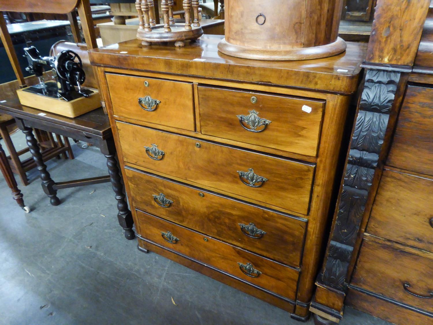 A LATE VICTORIAN WANUTWOOD VENEERED CHEST OF TWO SHORT AND THREE LONG DRAWERS