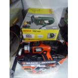 A BOSCH ELECTRIC JIGSAW, AN EARLEX HEAT GUN AND A BLACK AND DECKER ELECTRIC SCREWDRIVER  (3)