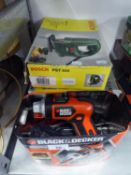 A BOSCH ELECTRIC JIGSAW, AN EARLEX HEAT GUN AND A BLACK AND DECKER ELECTRIC SCREWDRIVER  (3)