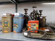 A SET OF EIGHT 'JACKSONS OF PICCADILLY' TEA CANISTERS, A LONDON BUS TIN, TWO OTHER TINS AND FOUR