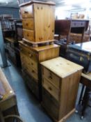 A PINE CHEST OF SIX DRAWERS, TALL NARROW PINE CHEST OF FOUR DRAWERS AND A PINE BEDSIDE CHEST OF