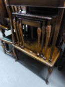 MAHOGANY NEST OF TRIO COFFEE TABLES WITH GREEN LEATHER INSET TOPS  AND ANOTHER MAHOGANY OCCASIONAL