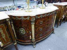 FRENCH STYLE MAHOGANY AND SIMULATED MARQUETRY BOW FRONTED CREDENZA, with fawn marble top, the long