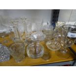A LARGE QUANTITY OF CUT AND MOULDED GLASSWARES TO INCLUDE; DECANTER, VASES, BOWLS, STEM GLASSES
