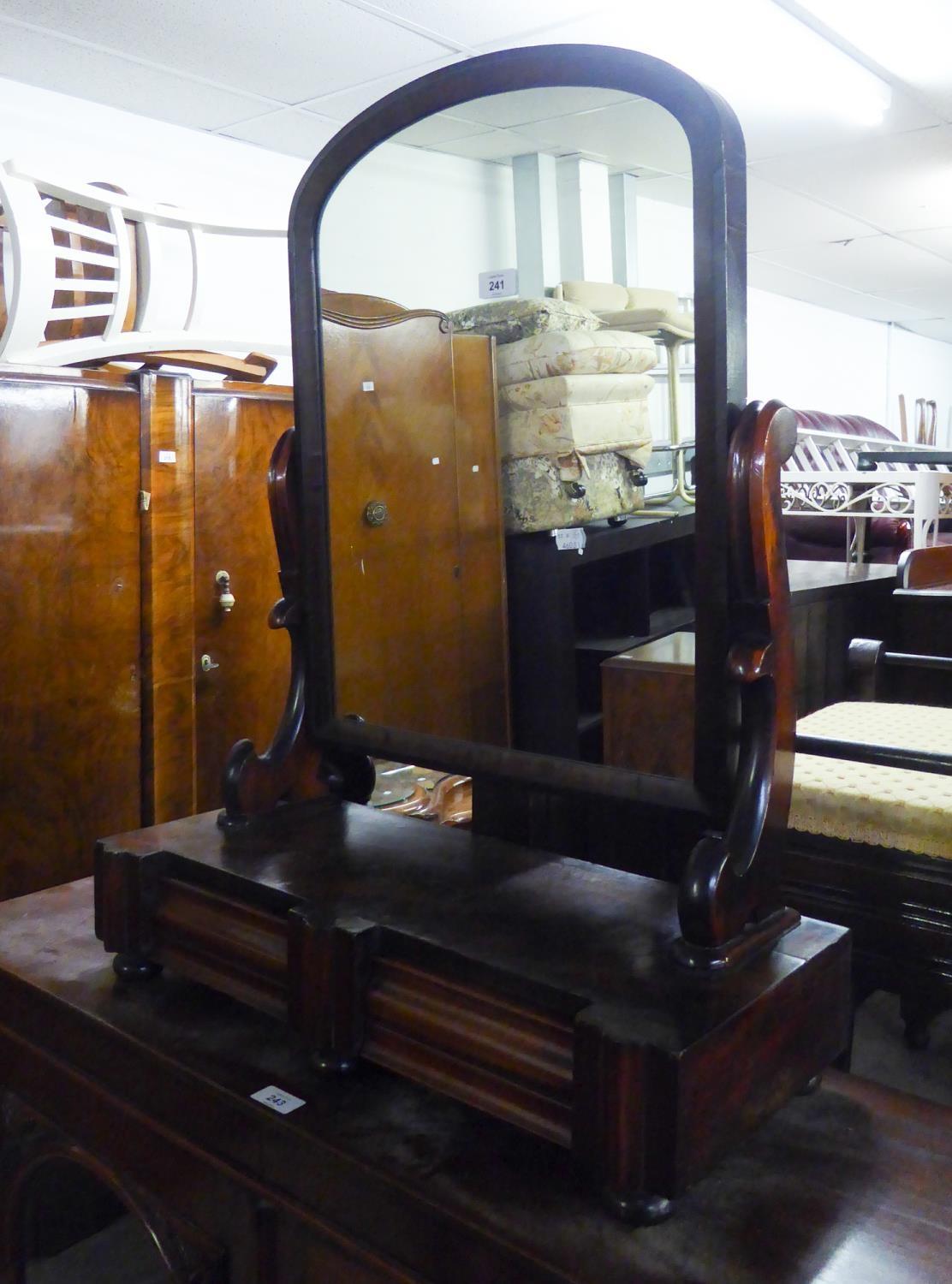 VICTORIAN MAHOGANY MILESTONE SHAPED SWING TOILET MIRROR, ON OBLONG BASE WITH TWO SMALL DRAWERS