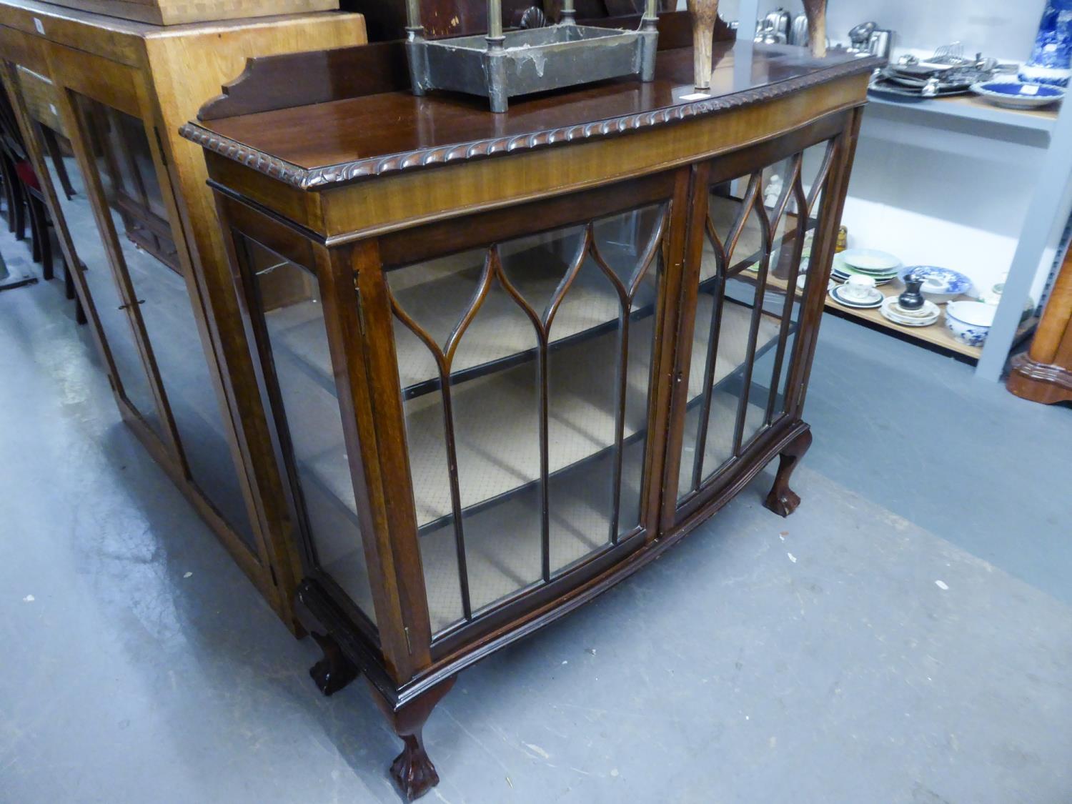TWENTIETH CENTURY MAHOGANY DISPLAY CABINET, WITH ASTRAGAL GLAZED DOORS, ON CABRIOLE SUPPORTS, CLAW