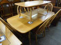 ERCOL LIGHT ELM OBLONG DINING TABLE AND SET OF SIX HOOP BACK DINING CHAIRS  WITH PANEL SEATS AND