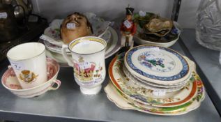 QUANTITY OF POTTERY VARIOUS TO INCLUDE; DECORATIVE PLATES, WALL MASK, COMMEMORATIVE CUPS, PARAGON