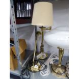 A BRASS ADJUSTBALE READING/DESK LAMP AND A BRASS TABLE LAMP WITH SWINGING ARM TOP, WITH FABRIC SHADE