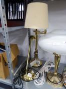 A BRASS ADJUSTBALE READING/DESK LAMP AND A BRASS TABLE LAMP WITH SWINGING ARM TOP, WITH FABRIC SHADE