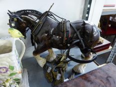 A LARGE POTTERY MODEL OF A SHIREHORSE, WITH LEATHER TACK AND A SET OF SIX BRASS GRADUATED BIRD