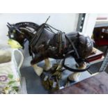 A LARGE POTTERY MODEL OF A SHIREHORSE, WITH LEATHER TACK AND A SET OF SIX BRASS GRADUATED BIRD