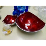 ALUMINIUM BOWL WITH CRIMSON ENAMELLED INTERIOR AND A MATCHING SMALLER BOWL AND AN OROFORS PYRIFORM