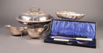 *MIXED LOT OF ELECTROPLATE, comprising: OVAL ENTRÉE DISH AND COVER, with removable handle, BOXED