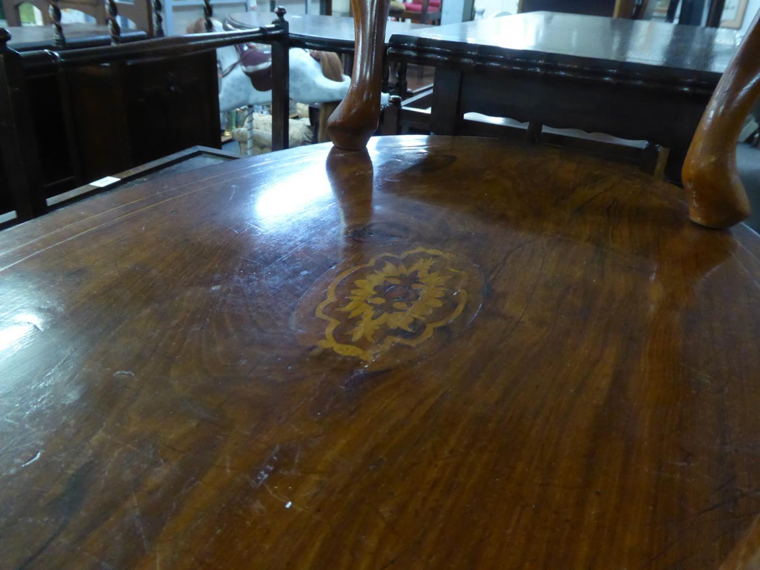 VICTORIAN MARQUETRY INLAID WALNUT OVAL OCCASIONAL TABLE, ON TWO COLUMNS AND CHEVAL FEET - Image 2 of 2