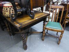 AN OAK DRAW-LEAF DINING TABLE WITH 'X' STRETCHER, AND FOUR ASSOCIATED DINING CHAIRS AND AN OAK TWO