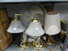 A PAIR OF GILT BRASS BEDSIDE LAMPS WITH FROSTED GLASS SHADES, A TABLE TOP ELECTRIC FAN, A PHILIPS