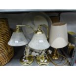 A PAIR OF GILT BRASS BEDSIDE LAMPS WITH FROSTED GLASS SHADES, A TABLE TOP ELECTRIC FAN, A PHILIPS