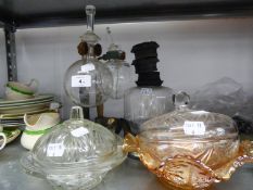 QUANTITY OF GLASS WARES VARIOUS TO INCLUDE; THREE LABORATORY FLASKS ON STANDS, A CARNIVAL GLASS BOWL