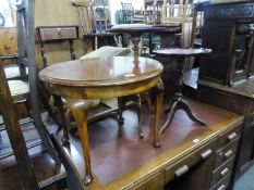 MAHOGANY CIRCULAR OCCASIONAL TABLE AND TWO MAHOGANY WINE TABLES, ONE HAVING RED LEATHER INSET TOP (