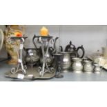 BRITANNIA METAL TEA SERVICE OF THREE PIECES, ON A HAMMERED PEWTER OBLONG TWO HANDLED TRAY, PAIR OF