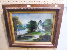 A LATE VICTORIAN REVERSE PAINTED ON GLASS PICTURE  'LANDSCAPE'