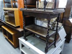 OAK OBLONG DINING TABLE, RAISED ON TURNED SUPPORTS (A.F.), AN OAK TWO TIER TROLLEY WITH BARLEY TWIST