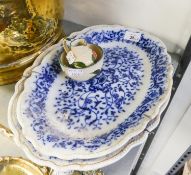 A PAIR OF BLUE AND WHITE POTTERY OVAL MEAT PLATES AND A WATCOMBE POTTERY CREAM JUG AND SUGAR BASIN