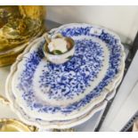 A PAIR OF BLUE AND WHITE POTTERY OVAL MEAT PLATES AND A WATCOMBE POTTERY CREAM JUG AND SUGAR BASIN