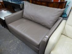 A 'KELLY HOPPEN' GREY/BROWN TWO SEATER SETTEE WITH LOW SQUARE BACK, SINGLE FULL WIDTH BACK AND SEAT