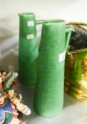 A PAIR OF TALL GREEN GLAZED CONICAL JUGS, 11 1/2" HIGH