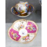 A PAIR OF DRESDEN CHINA QUATREFOIL SAUCER DISHES AND ONE MATCHING CUP (CUP A.F.) (3)