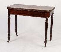 LATE GEORGIAN MAHOGANY FOLD-OVER TEA TABLE, the rounded oblong swivel top with reeded edge, set