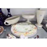 THREE WEDGWOOD LOBED WHITE POTTERY PIECES, VIZ A TRUMPET VASE, A BOAT SHAPED BOWL AND A CIRCULAR