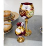 VENETIAN RUBY GLASS TALL GOBLET, WITH GILT AND PORCELAIN FLORAL DECORATION AND A SIMILAR SMALL