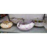 FOUR WHITE AND MARBLED GLASS BOWL LIGHT SHADES, WITH CHAIN SUSPENDERS