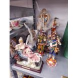 TWO PAIRS OF RESIN FIGURE ORNAMENTS AND THREE OTHERS OF ELEGANT LADIES (7)