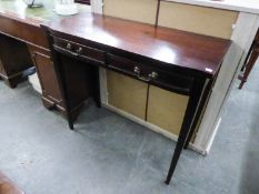 GEORGE III STYLE MAHOGANY OBLONG SIDE TABLE, WITH SLIGHTLY BOWED FRONT, TWO SHORT DRAWERS EACH